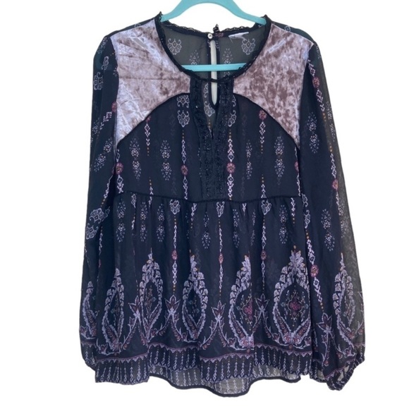 Knox Rose Boho Fairycore Goth Velvet Detail Peasant Blouse Black Pink Sheer Sz L - Picture 2 of 13